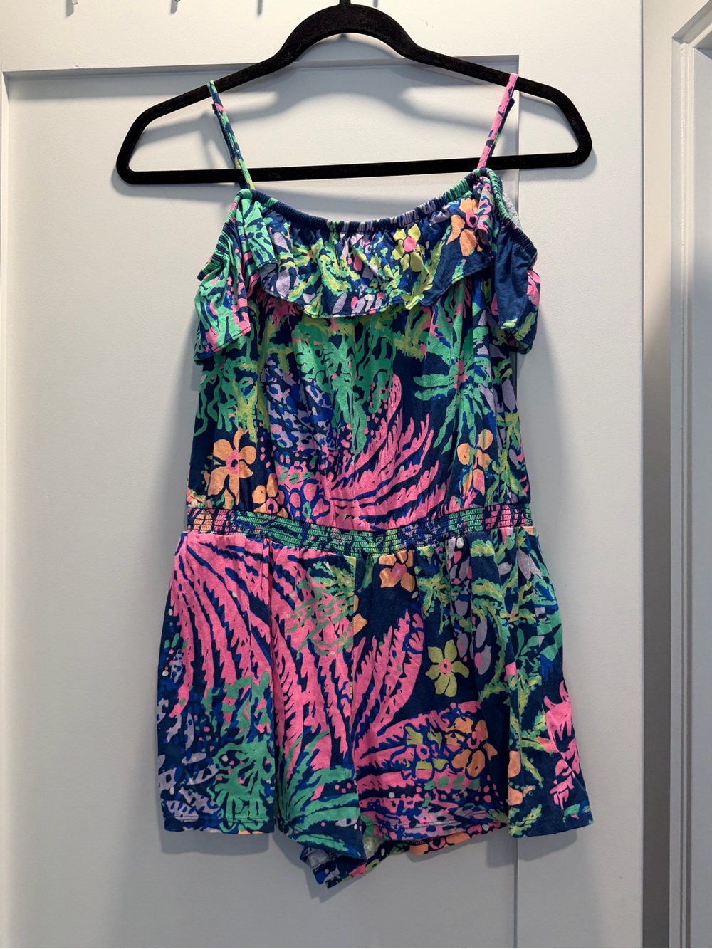 Lilly Pulitzer Multicolor Tropical Print Romper in Navy, Pink & Green